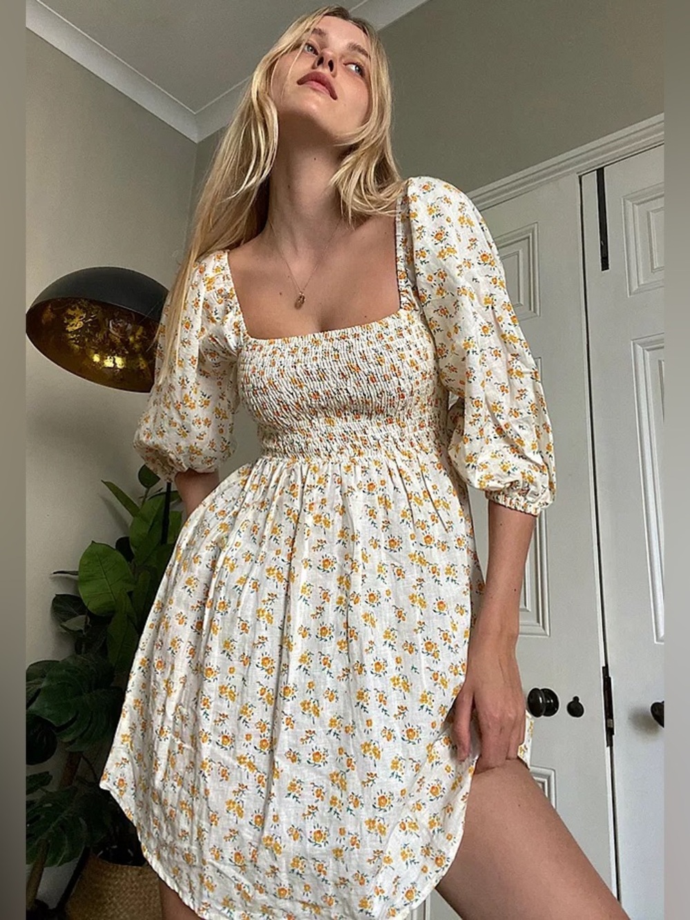 🧺URBAN OUTFITTERS Sofia Yellow Floral Linen Mini Dress - Small